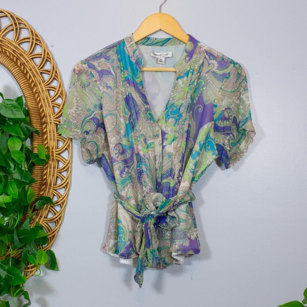 VTG Coldwater Creek Silk Paisley Blouse Neck Tie Sheer Cottagecore Light Summer